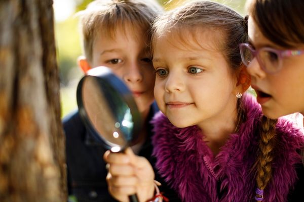 Children looking at objects through a magnifying glass