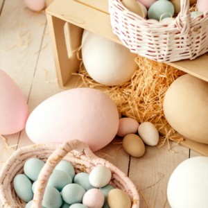 Easter Eggs in baskets displayed in a fun way.